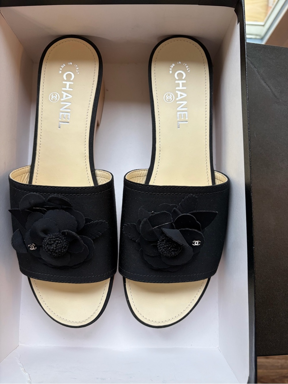 CHANEL Black Camellia Slide Mules